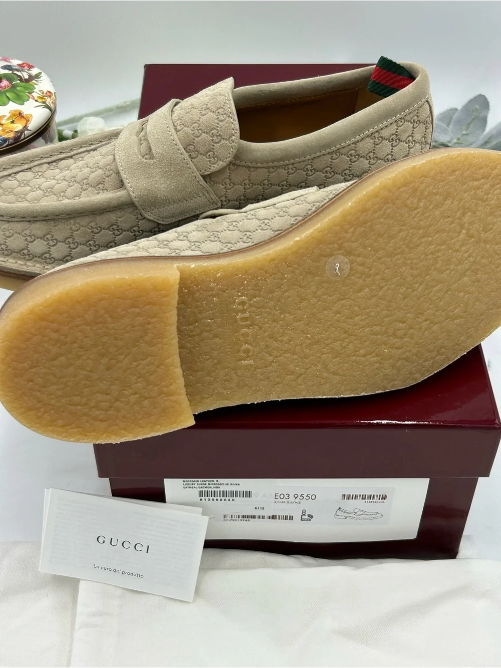 Gucci Men's oatmeal Suede GG Logo Penny Loafers size 8 fits 9 US made in Italy